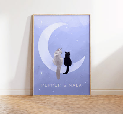 Personalised Cats Sitting on the Moon Print (unframed)