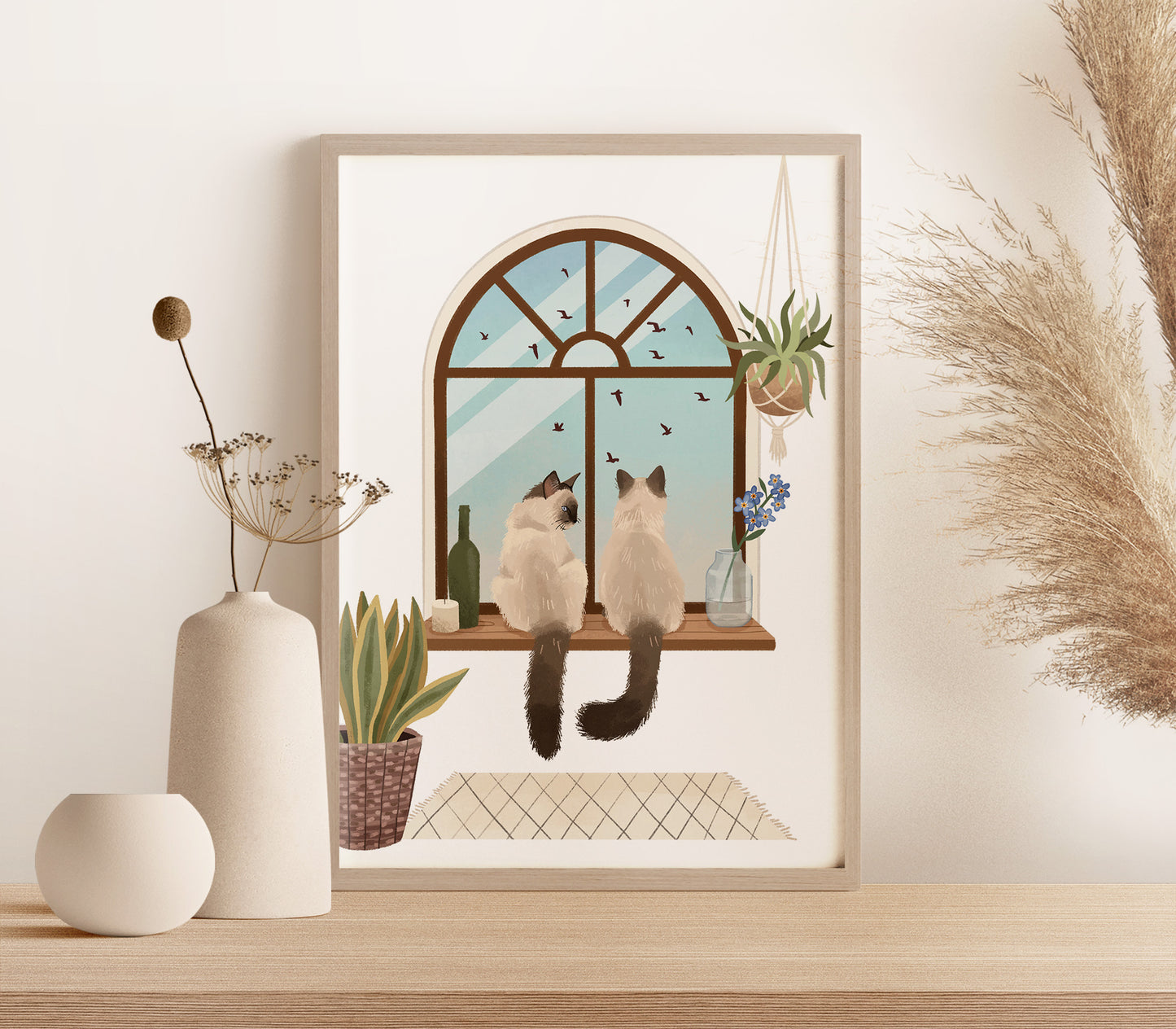 Personalised Cats Watching Birds out of Arch Window with Plants Portrait Print (unframed)