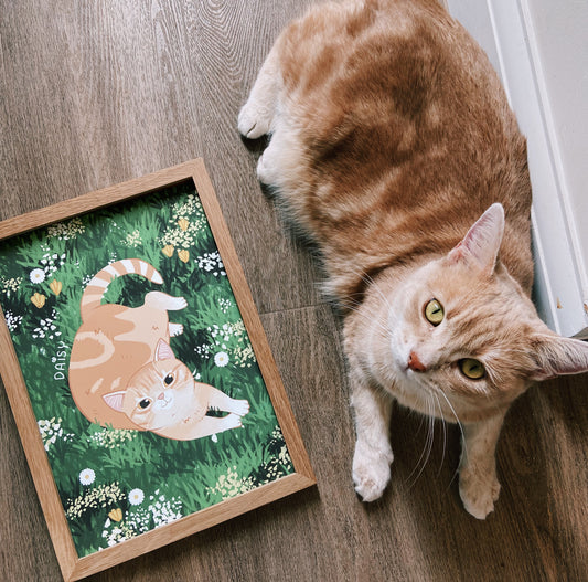 Personalised Cat and Wildflowers Wall Art Print (unframed)