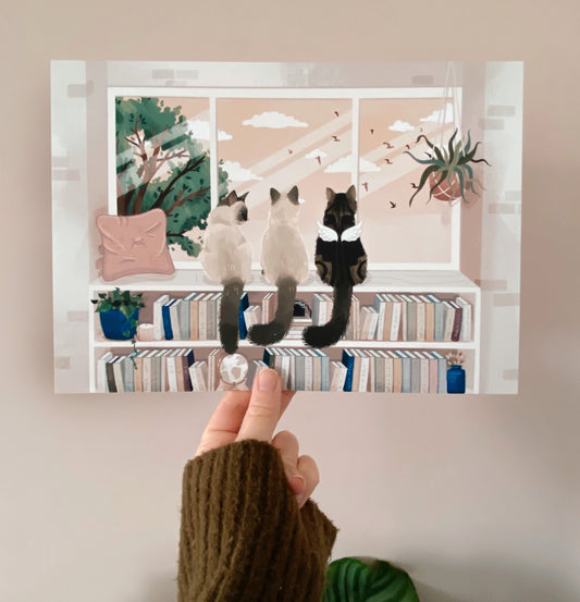 Personalised Cats Sitting on a Bookcase Watching out the Window Print (unframed)