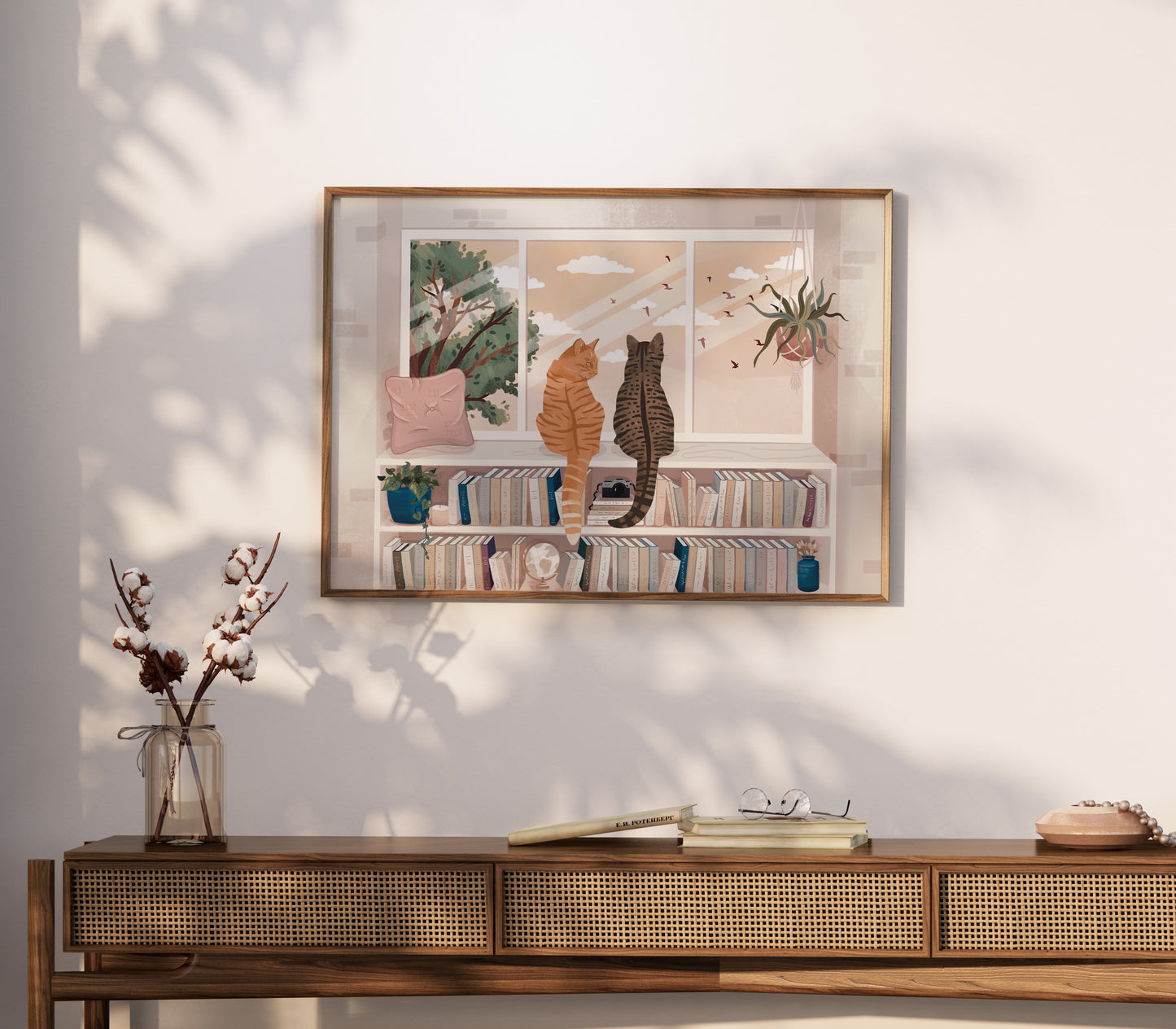 Personalised Cats Sitting on a Bookcase Watching out the Window Print (unframed)