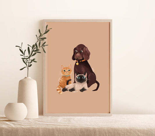 Customised Pet Portrait Print, Hand-illustrated from Photos (unframed)