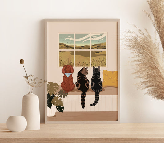 Personalised Pets Watching the Birds Outside the Window Print (unframed)