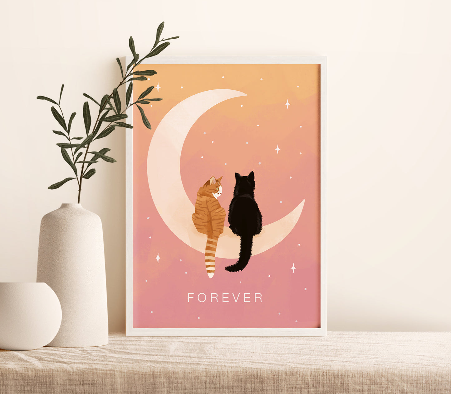 Personalised Cats Sitting on the Moon Print (unframed)