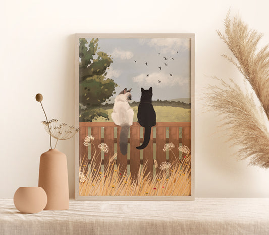 Personalised Cats Sitting on Fence in Countryside Print (unframed)