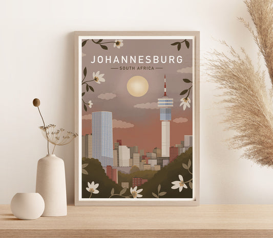 Johannesburg Sunset Illustrated Retro Travel Print (unframed)