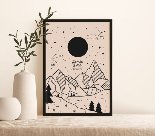 Personalised Couple Star Sign Illustrated Print (unframed)