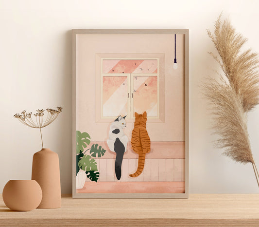 Personalised Cats Watching the Birds Outside the Window Print (unframed)